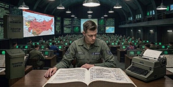 Un oficial de la Fuerza Aérea estadounidense consulta un libro de códigos en una sala de operaciones