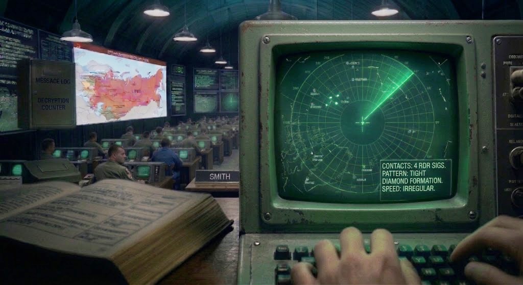 Una pantalla de radar que muestra una formación de contactos no identificados